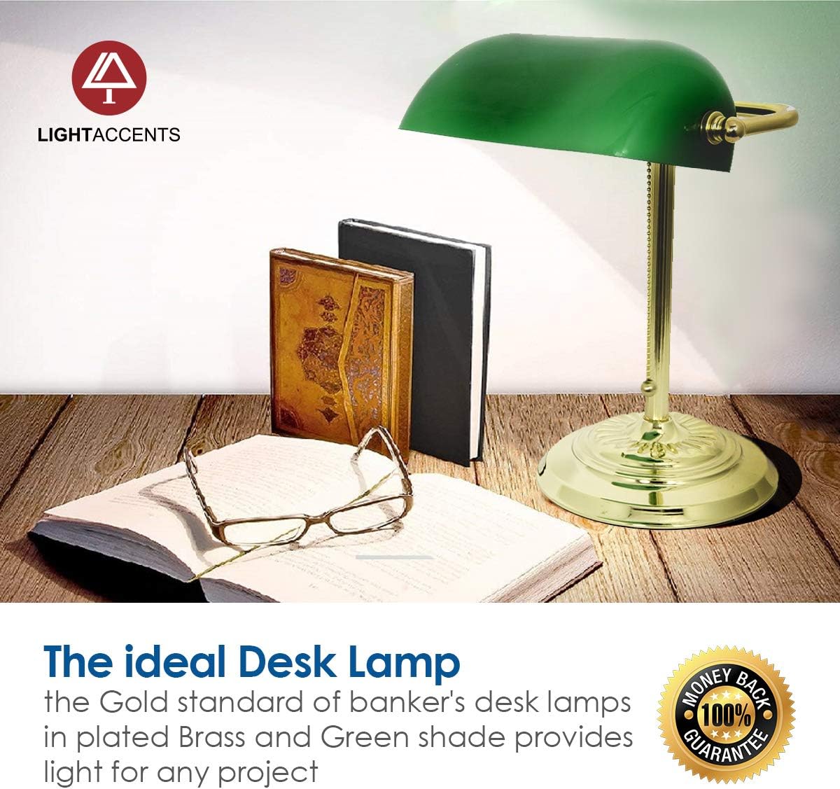 Lámpara de escritorio Green Bankers con pantalla de vidrio de LightAccents, luz de escritorio tradicional con pantalla de vidrio verde clásico y