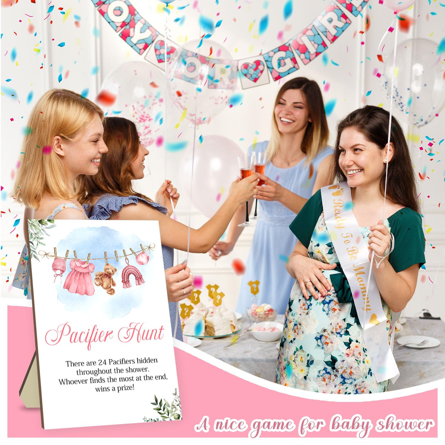Juegos de baby shower, juego de caza de chupetes, juegos para baby shower o revelación de género, letrero de caza de chupete de madera, 50 chupetes