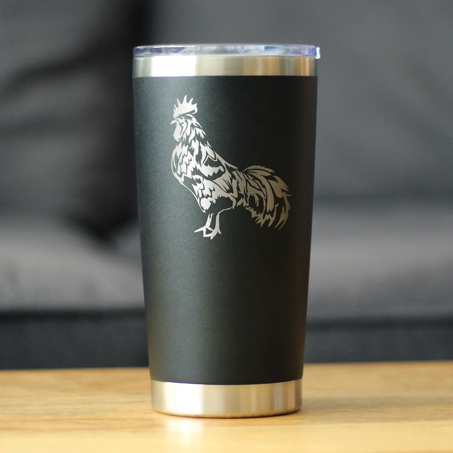 Rooster – Insulated Coffee Tumbler Cup with Sliding Lid – Stainless Steel Travel Mug – Chicken Gifts and Farm Décor for Women and Men – Black