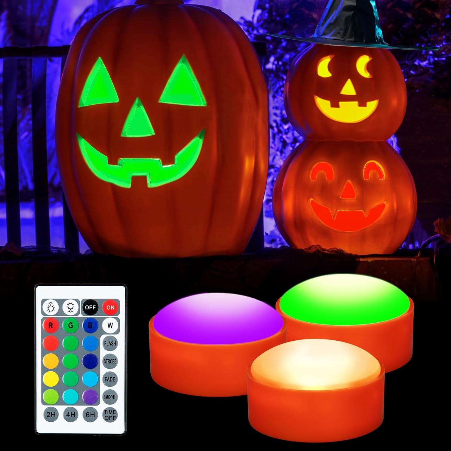 3 luces de calabaza con control remoto y temporizadores, RGBW que cambian de color Jack-O-Lantern luces a pilas, velas parpadeantes sin llama para