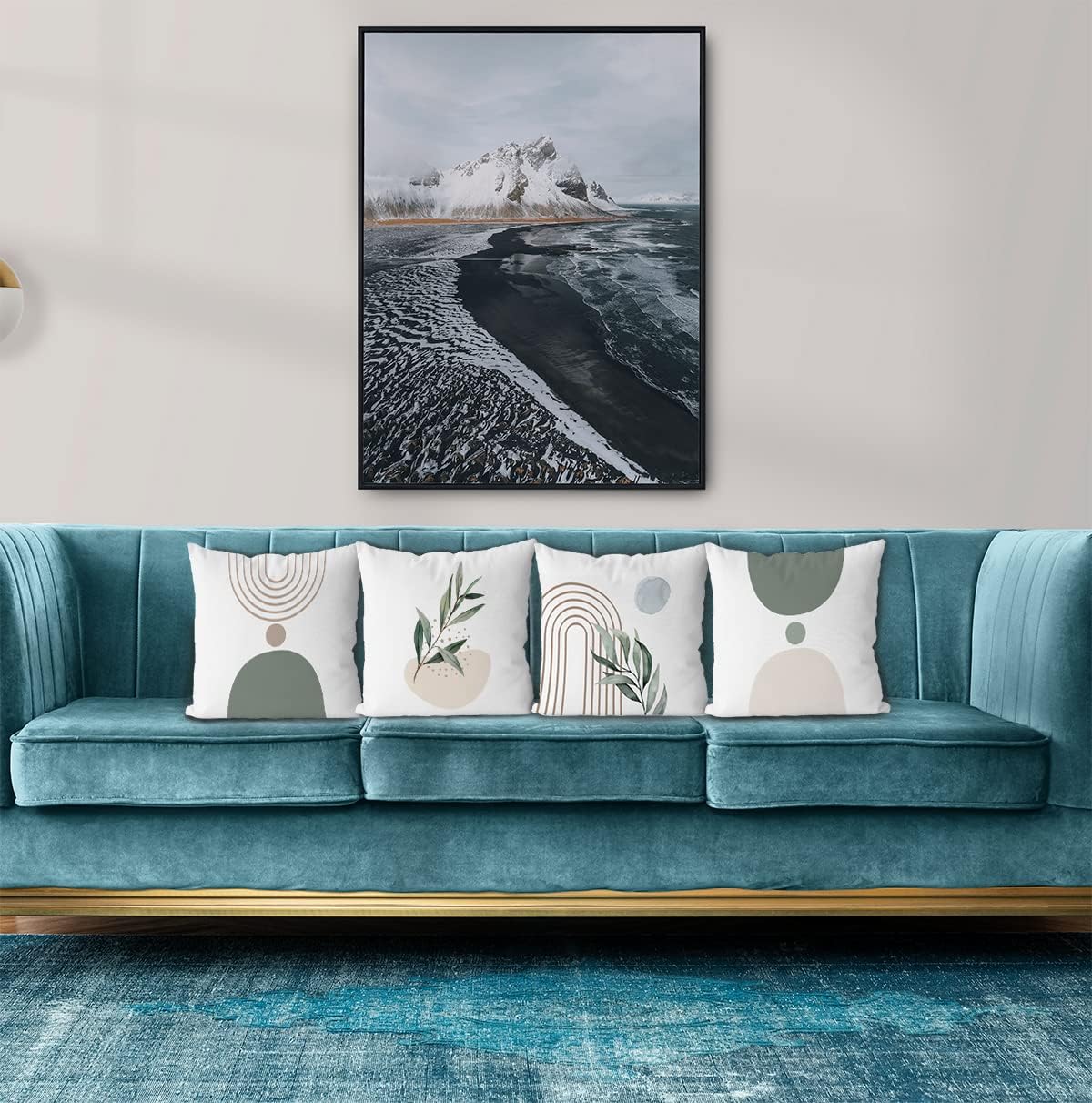 KEUSPI Fundas de almohada abstractas bohemias de color beige y verde con líneas geométricas y hojas botánicas de arcoíris, juego de 4 fundas de