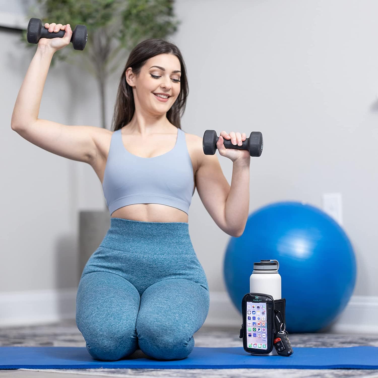Bolsa para botella de agua de gimnasio con bolsillo impermeable para accesorios para pantalla táctil para teléfono. Llavero mosquetón, bolsillo