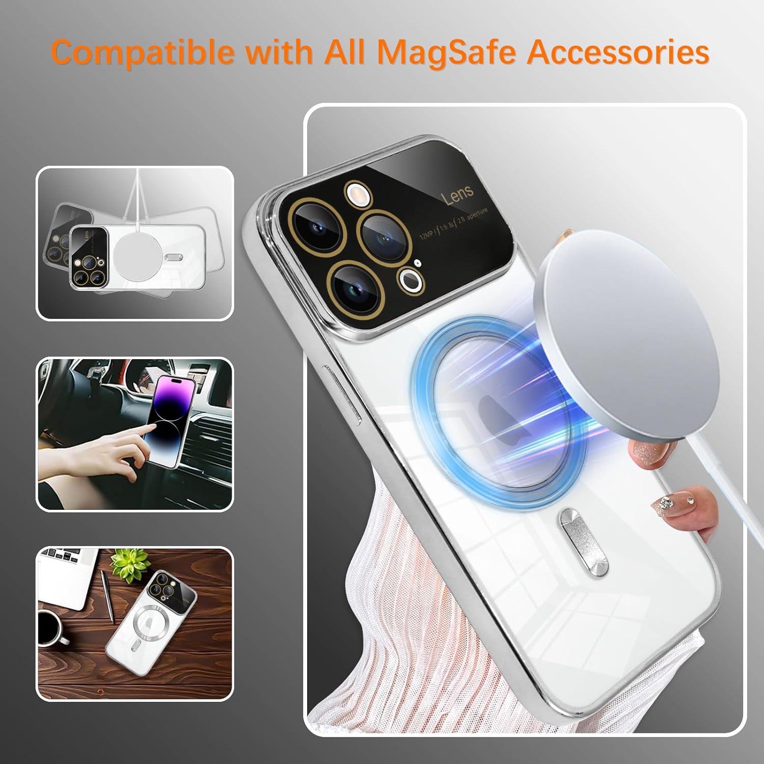 KANGHAR Funda magnética transparente para iPhone 14 Pro Max para mujeres y hombres con protector de lente, antiarañazos, chapado de lujo, compatible