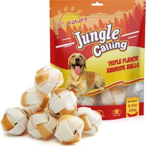 Jungle Calling Golosinas para perros, bocadillos masticables de cuero crudo para perros medianos y grandes, bolas de cuero crudo de triple sabor, Jungle Calling Golosinas para perros, bocadillos masticables de cuero crudo para perros medianos y grandes, bolas de cuero crudo de triple sabor,