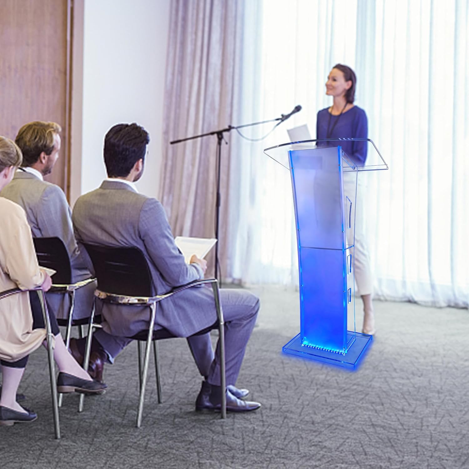 Soporte de acrílico con luces, púlpitos transparentes de 43 pulgadas para iglesias con gran plataforma de lectura, podios de presentación