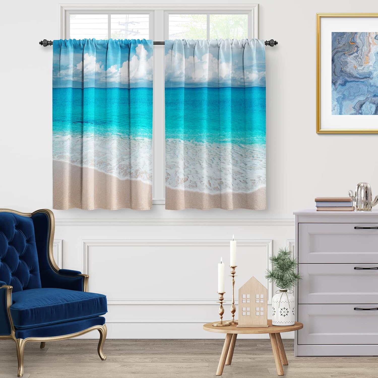 Jekeno Cortinas de cocina con estampado de playa y océano, color azul de verano, vista de mar tropical, cielo, playa, decoración del hogar,