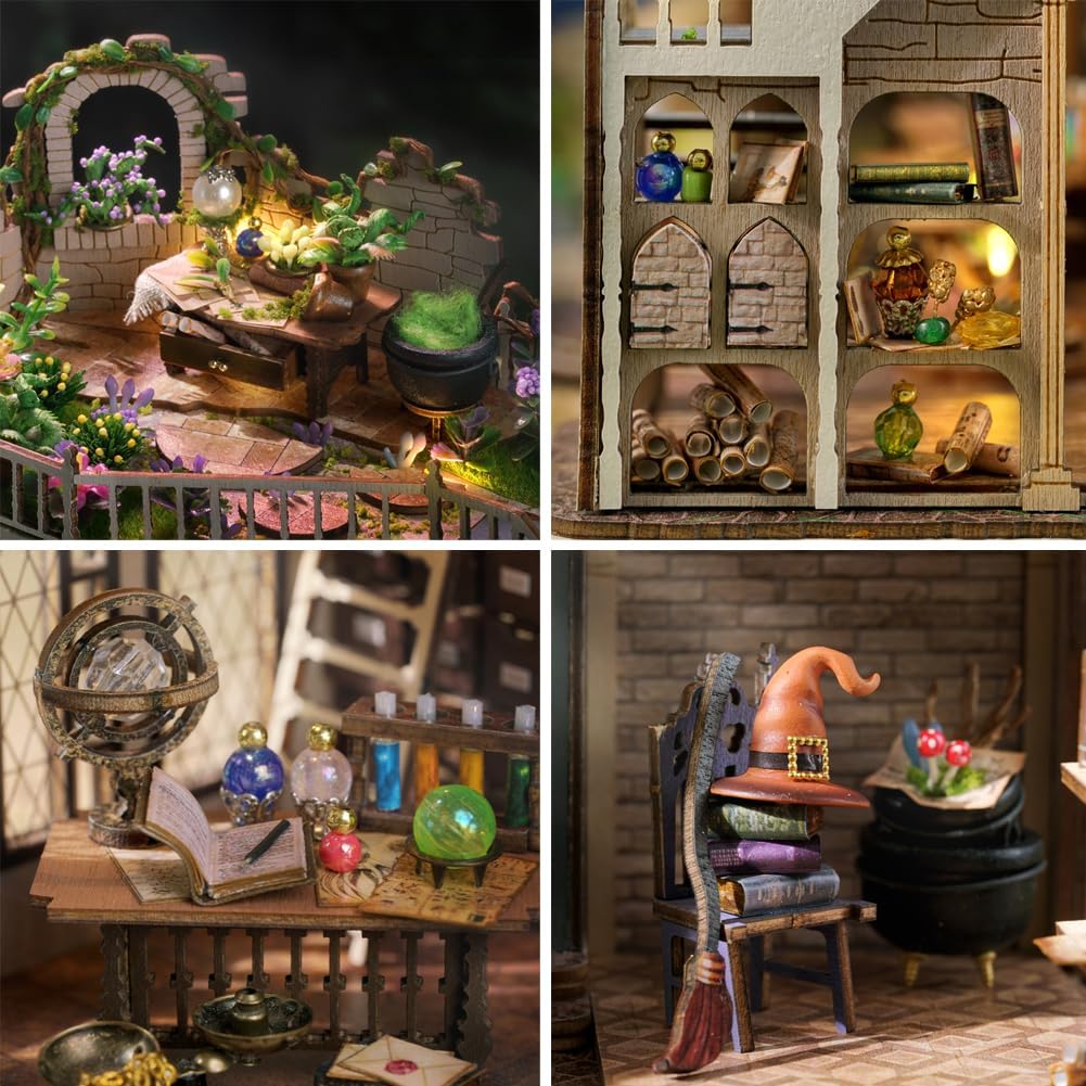Kit de casa de muñecas en miniatura con cubierta antipolvo, kits de casa de muñecas de madera mágicas retro, manualidades para adultos, kit de