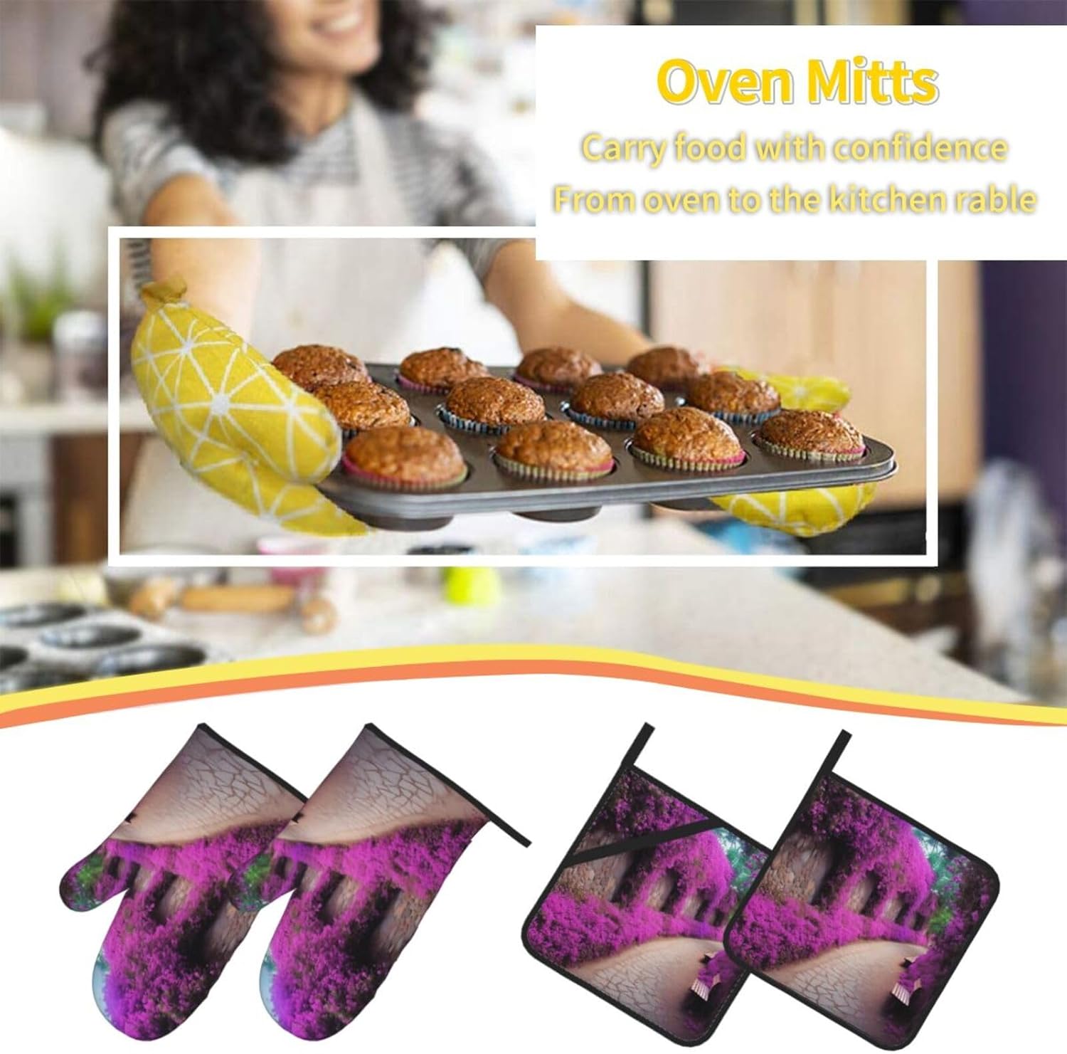 Purple Floral Blooming Path Print Oven Mitts and Pot Holders Heat Resistant Oven Gloves and Hot Pads Gloves Set for Baking
