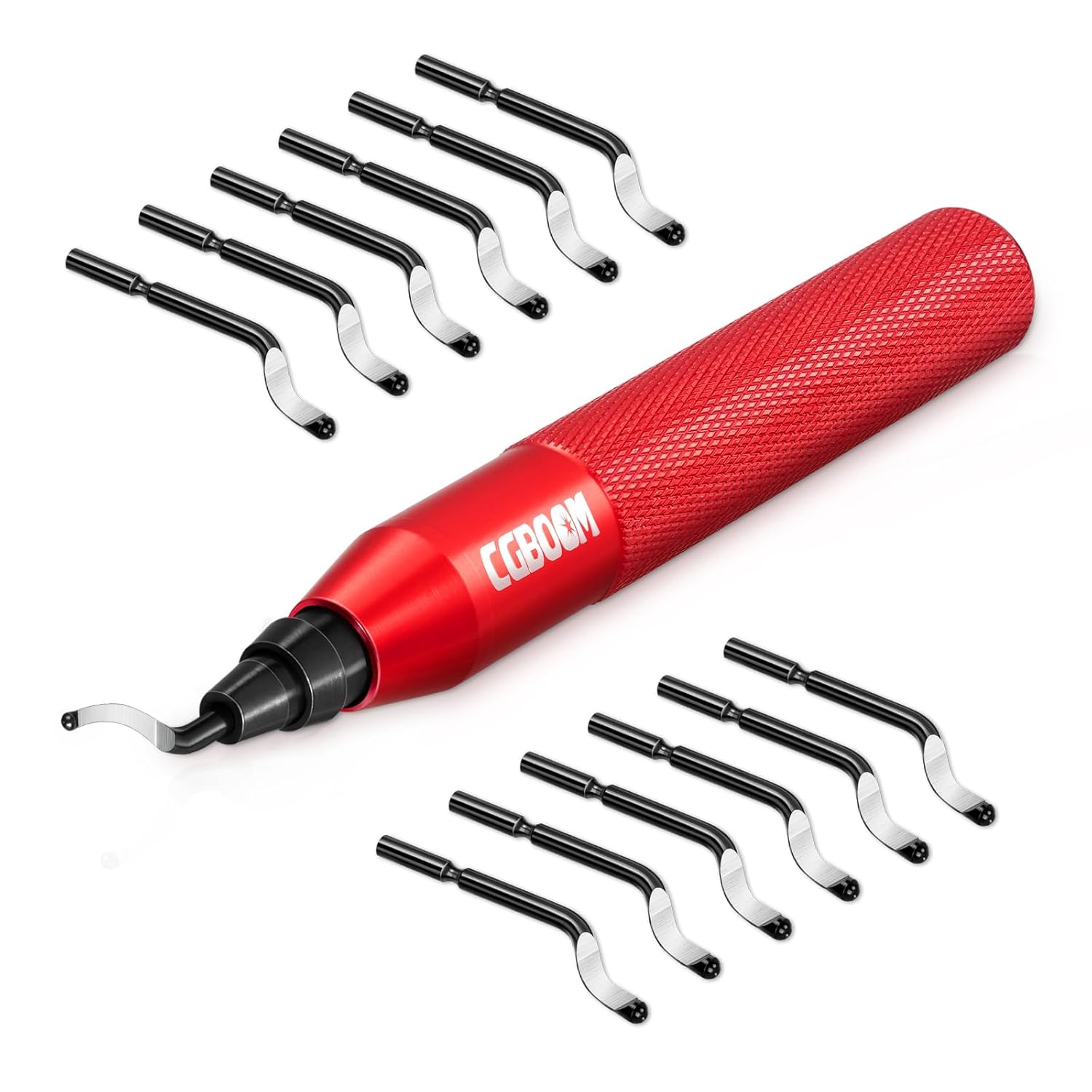 CGBOOM Herramienta de desbarbado con 12 cuchillas extra HSS (acero) y 1 mango de aluminio, funciona en metal, plástico, resina, impresora 3D, tubos