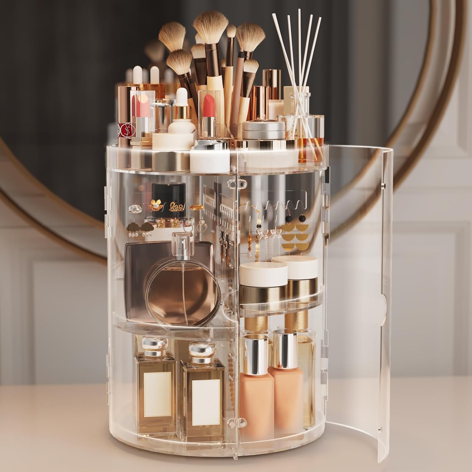 Organizador de maquillaje giratorio de 360 grados para tocador con puertas a prueba de polvo, organizadores acrílicos para el cuidado de la piel de