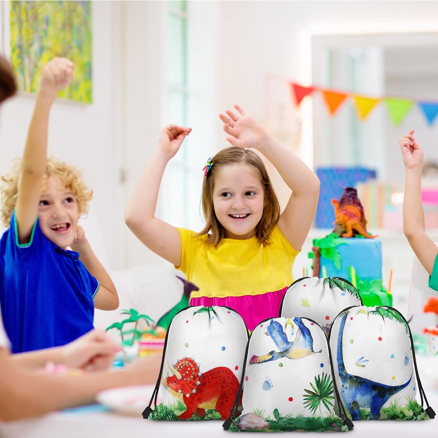 20 bolsas de recuerdo de fiesta de dinosaurios, bolsa de regalo con cordón de dinosaurio, bolsas de suministros para fiestas de dinosaurios, bolsa