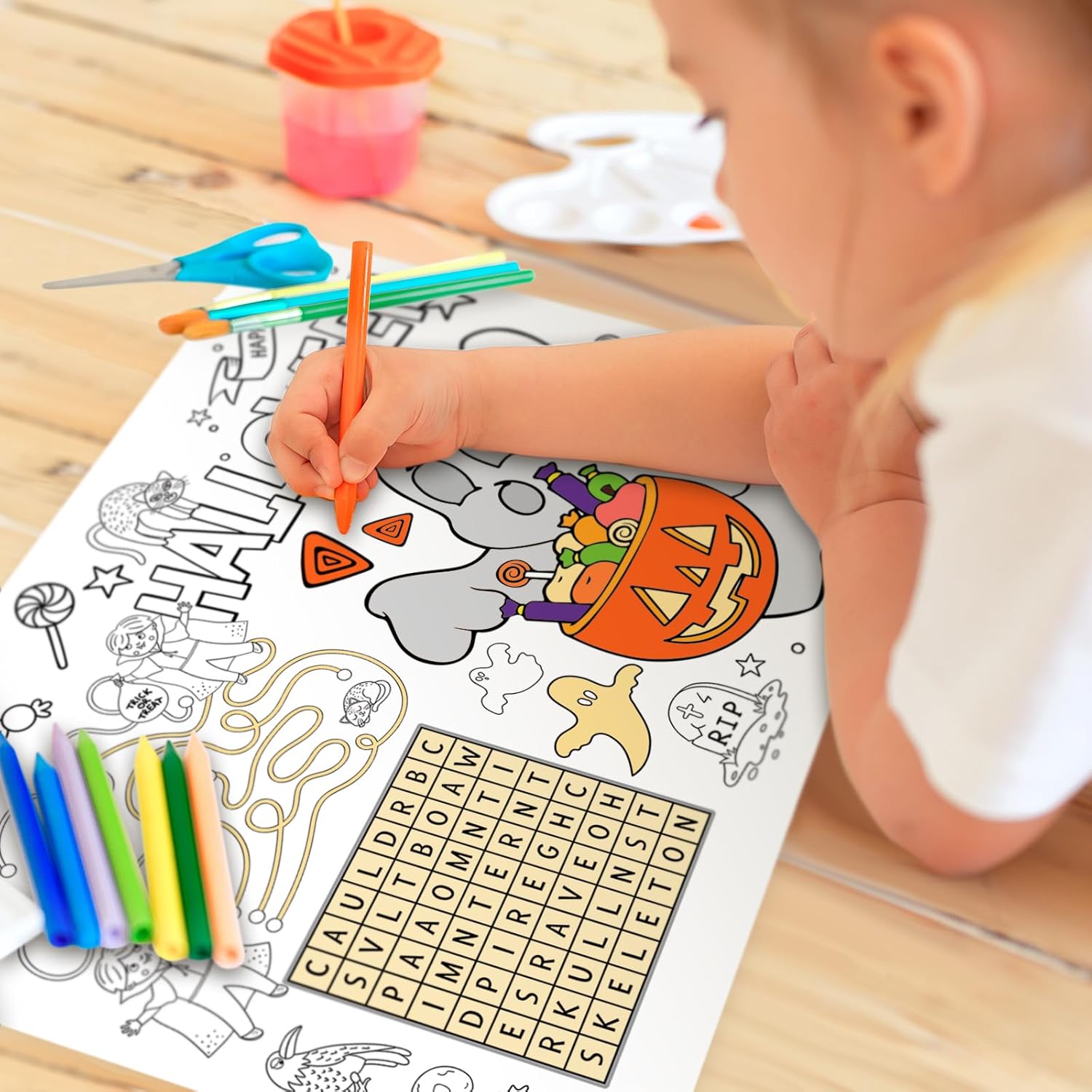 AnyDesign – 30 manteles individuales de papel de Halloween de 5 estilos para colorear de 11 x 14 pulgadas, tapete de comedor desechable para