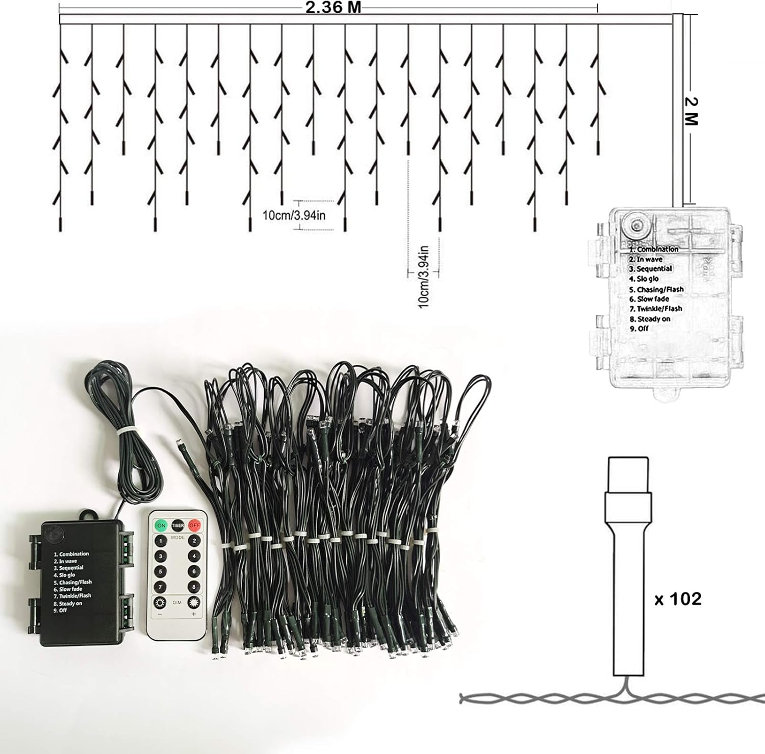 Luces de cortina de hadas para jardín, luces de carámbano, 102 LED con batería para exteriores, con mando a distancia y temporizador, cable verde