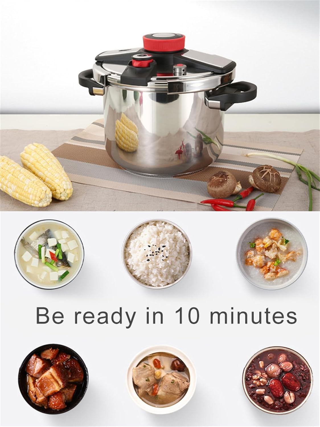 Olla a presión hecha de acero inoxidable, olla a presión con válvula de seguridad, ahorro de energía de hasta un 50%, apta para todas las cocinas,