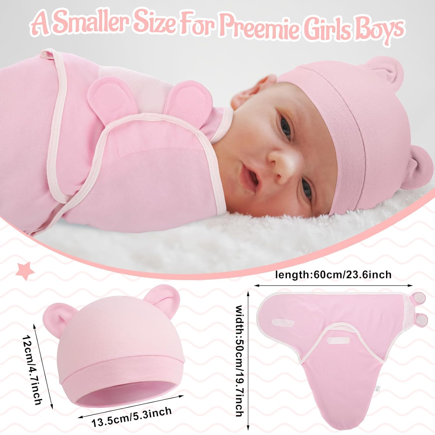 Buryeah Paquete de 4 mantas para bebé prematuro con gorro para bebés niños y niñas de 3 a 7 libras, ropa para recién nacidos, gorro para dormir,