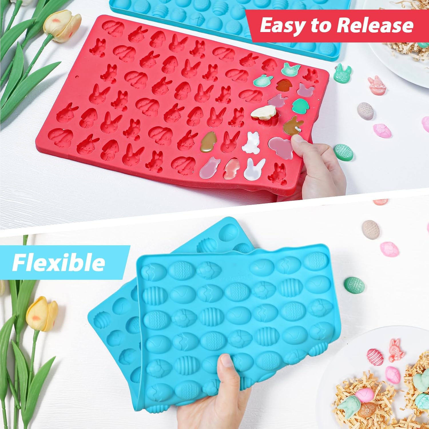 Webake Mini moldes de silicona de Pascua con forma de conejo y huevo de Pascua, moldes de conejo de 58 cavidades y moldes de huevos de 83 cavidades