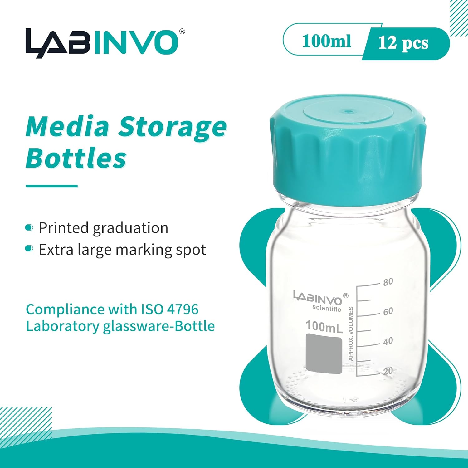 Botellas redondas de vidrio, 12 piezas de botella de almacenamiento de reactivo de vidrio de borosilicato vol.3.4 fl oz con tapón de rosca GL45,
