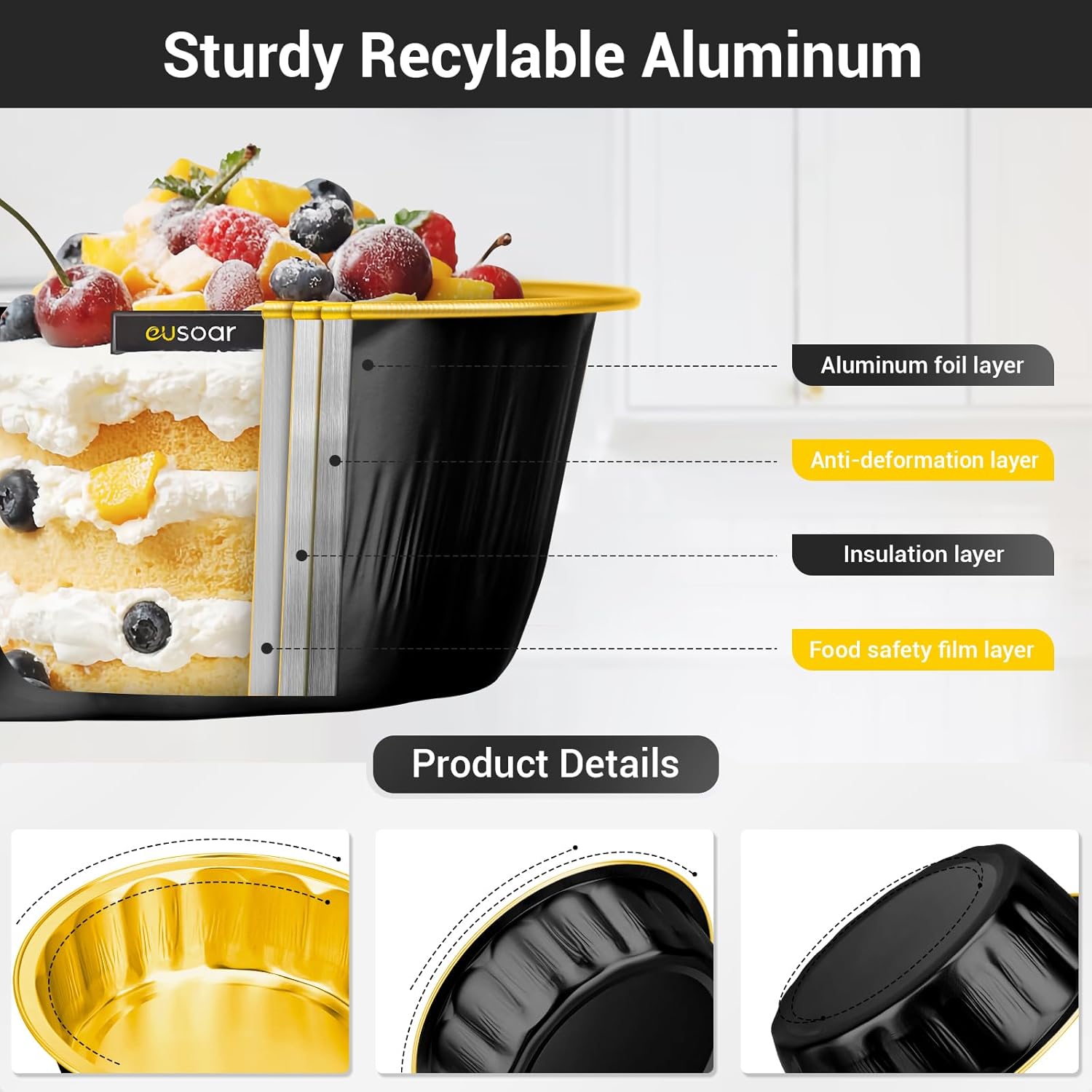 EUSOAR Moldes desechables con tapas, color oro negro, paquete de 50 moldes de papel de aluminio de 14.2 onzas con tapas, moldes desechables para
