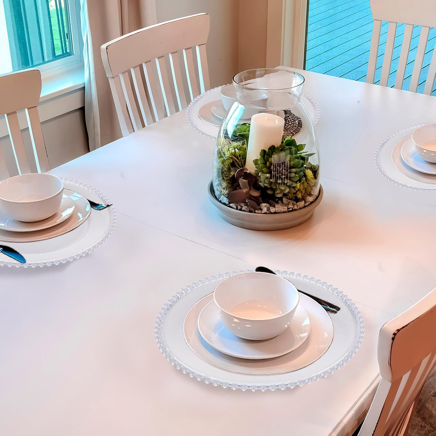 100 platos de carga redondos transparentes de 13 pulgadas, de plástico, platos de servicio decorativos con borde de cuentas para bodas, fiestas de