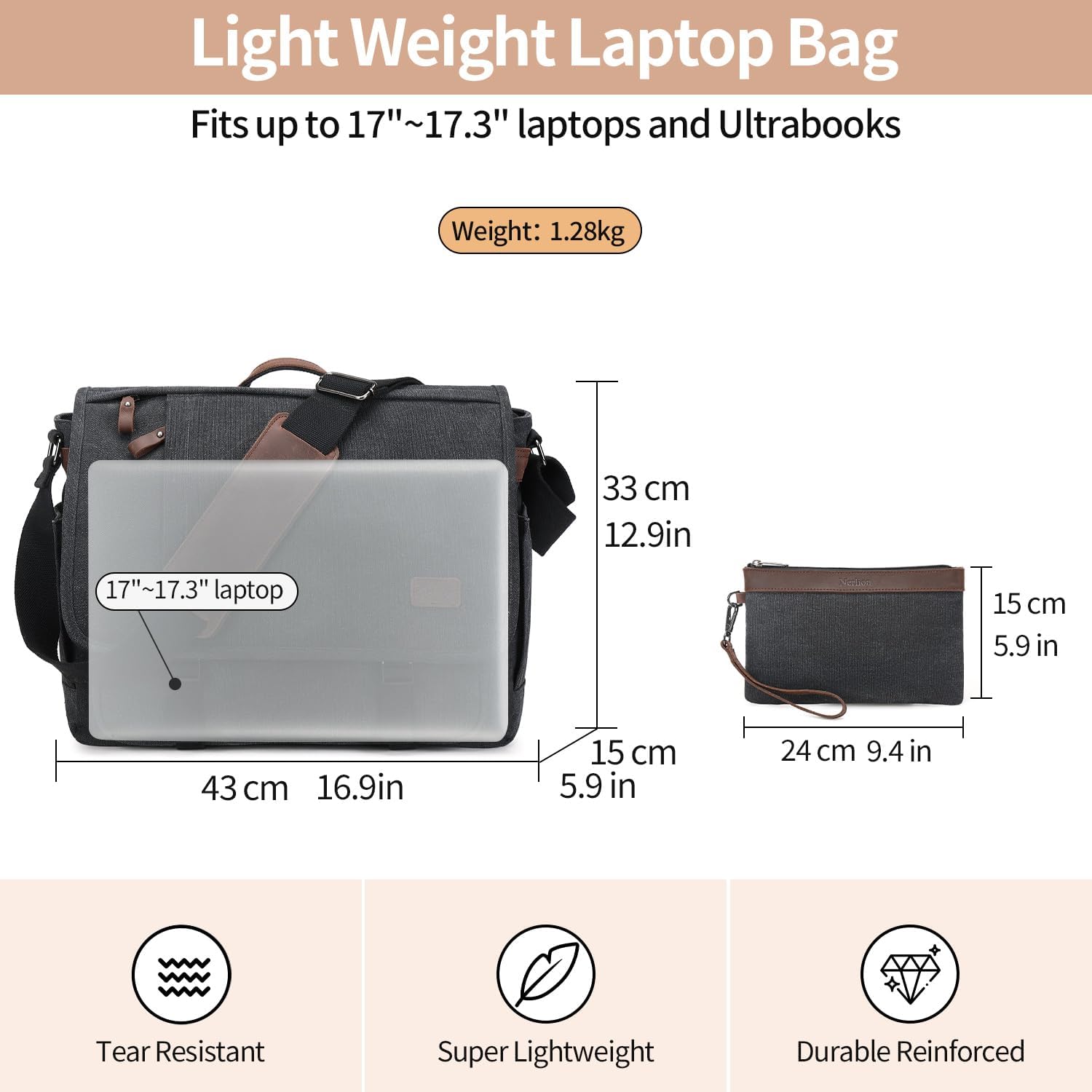 Nerlion – Bolsa tipo mensajero para hombre de 17 a 17.3 pulgadas, bolsa de lona resistente al agua, bolsa de hombro, maletín de trabajo escolar,