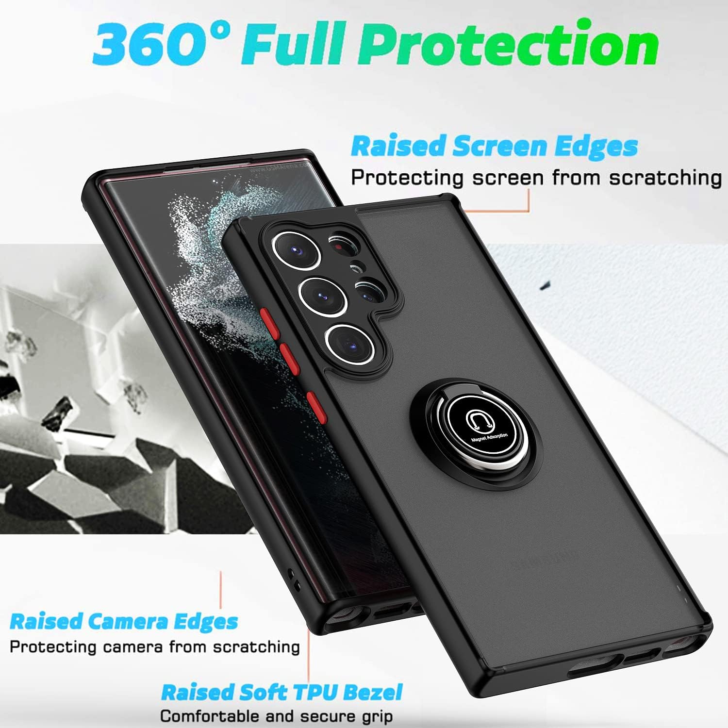 Funda para Samsung Galaxy S23 Ultra con 1 protector de pantalla, funda de silicona magnética para automóvil, soporte de anillo a prueba de golpes