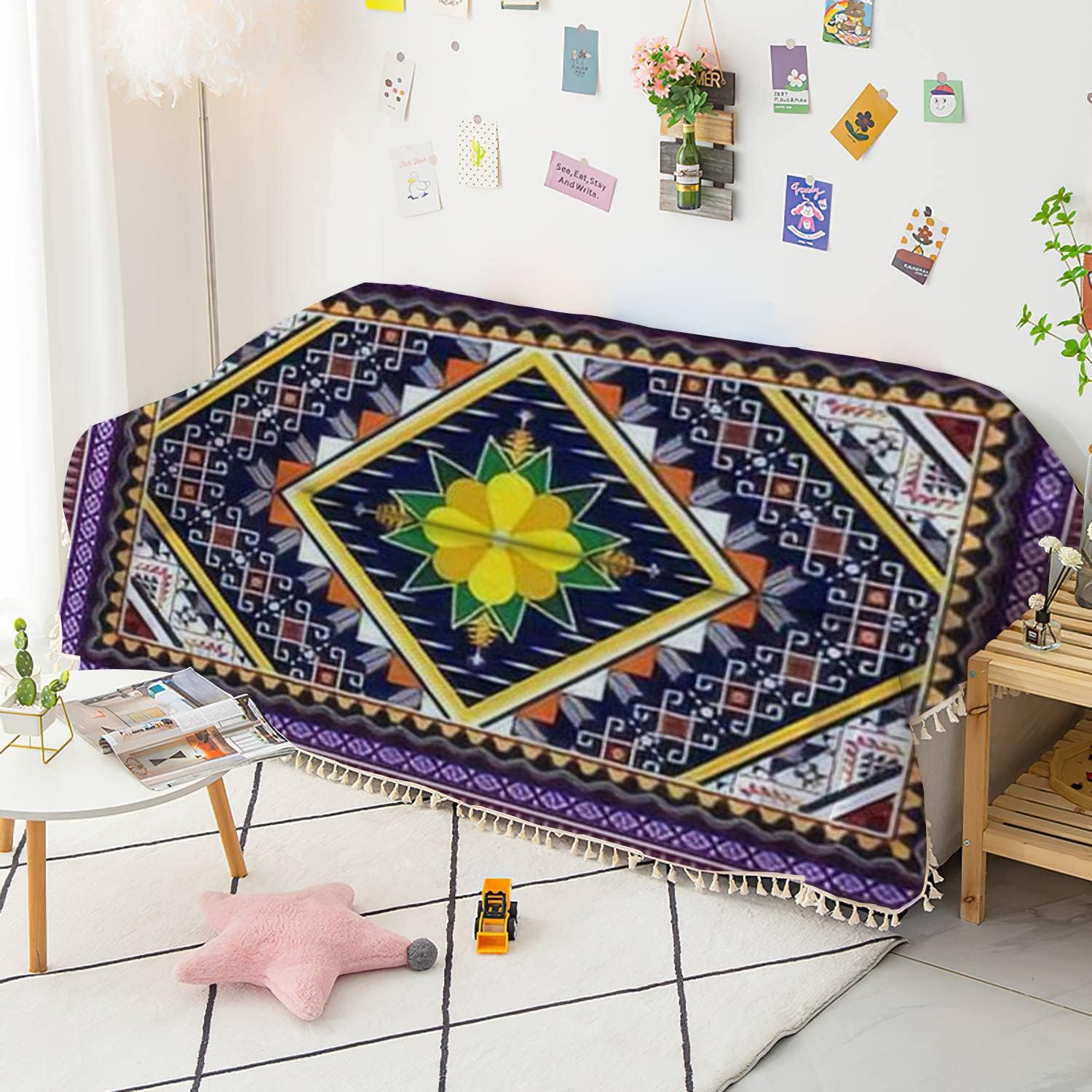 Funda bohemia para sofá, diseño étnico geométrico abstracto, tribal, nativo, étnico, tradicional, con borlas, lavable, para sofá o cama, protector