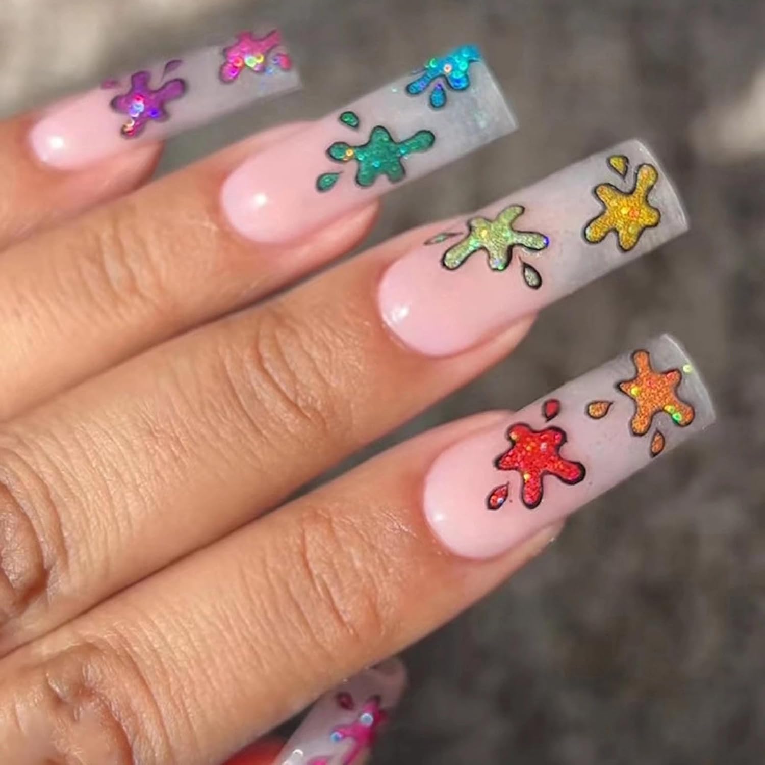MISUD Uñas postizas largas cuadradas a presión, uñas postizas cuadradas brillantes con pegamento, uñas acrílicas cuadradas de gel blanco, uñas