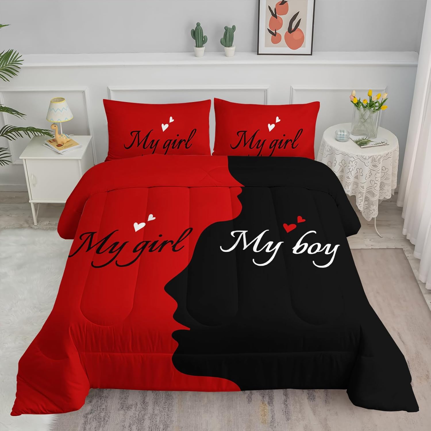 Axolotl Juego de edredón negro y rojo, tamaño Queen, para él y ella, juego de edredón de Mr Mrs para adultos, parejas, hombres y mujeres, juego de