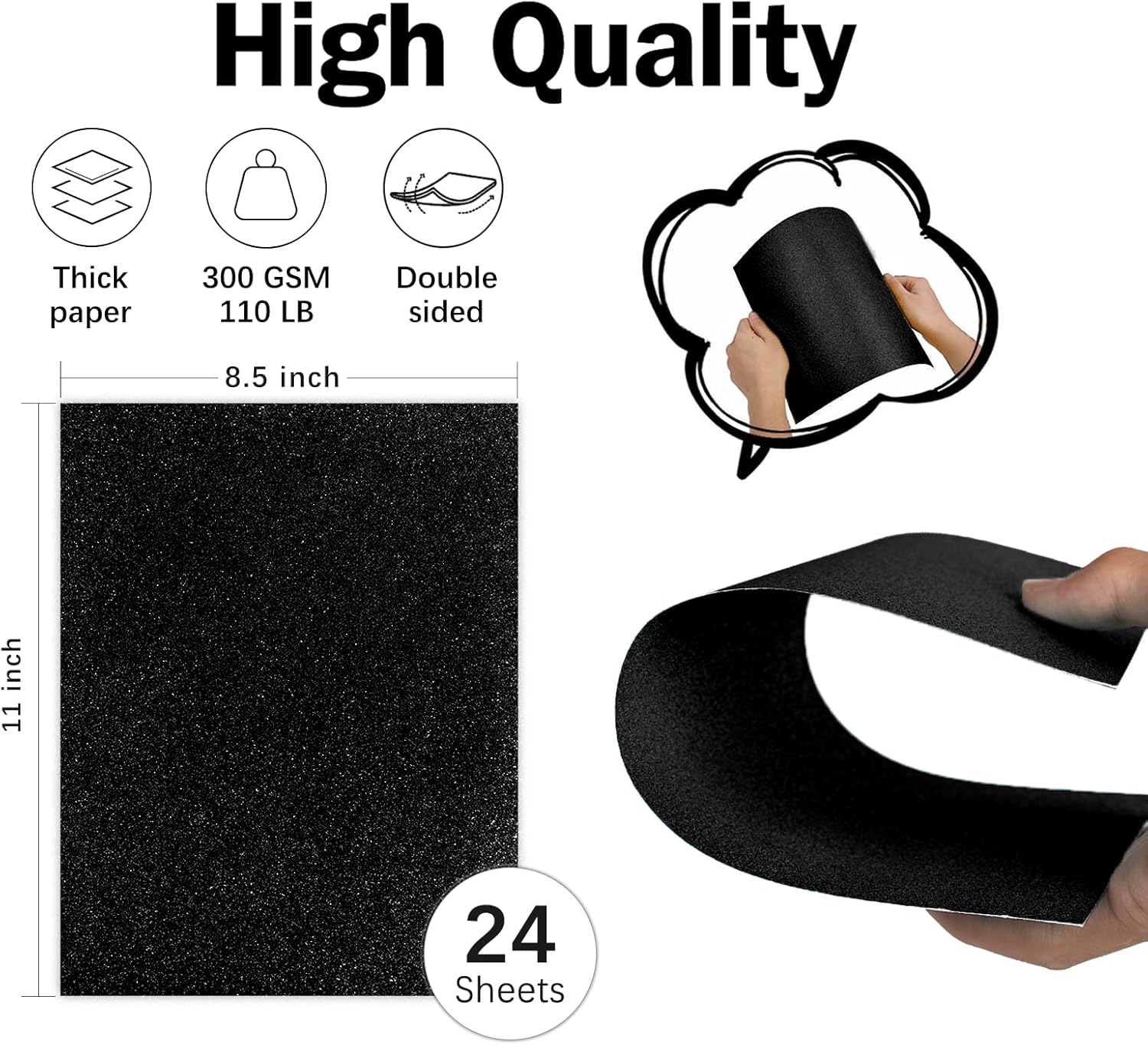 Cartulina negra con purpurina de doble cara de 8.5 x 11 pulgadas, Goefun 24 hojas de 10.58 ozm110 libras, papel de cartulina negra para Cricut,
