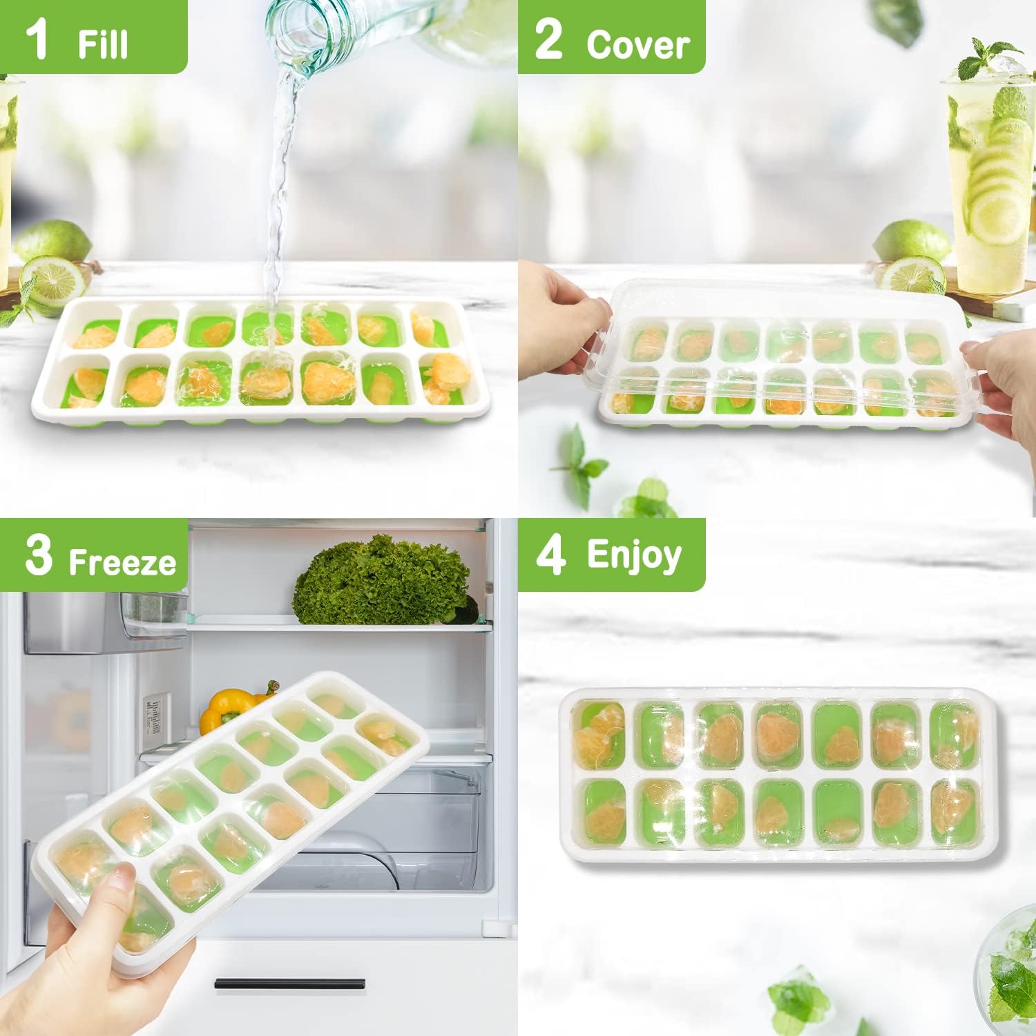 Bandejas de cubitos de hielo para congelador, bandeja de hielo de silicona, bandeja de hielo de fácil liberación con tapa apilable y resistente a