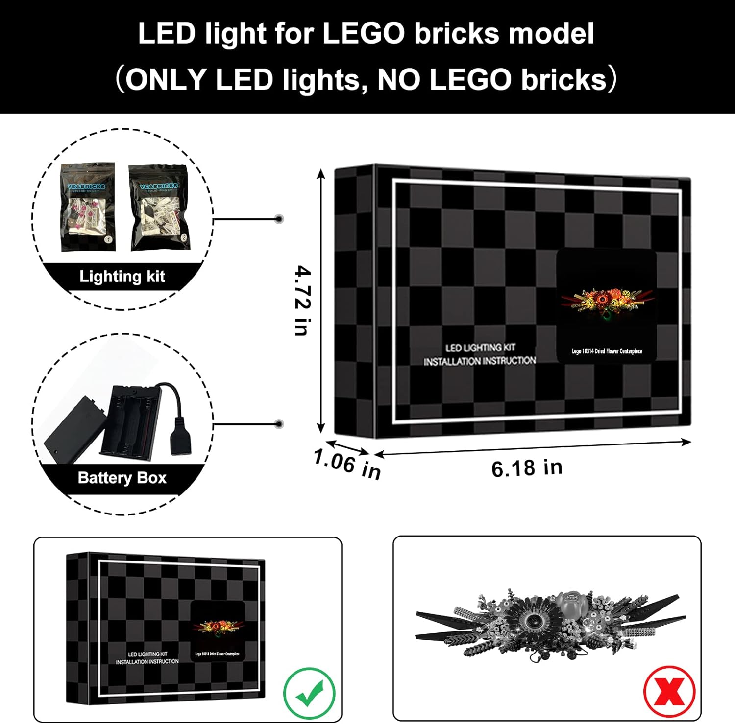 Vaodest Juego de luces LED para iconos de Lego, centro de mesa de flores secas, diseño y configuración compatible con el modelo 10314 (solo luz LED,