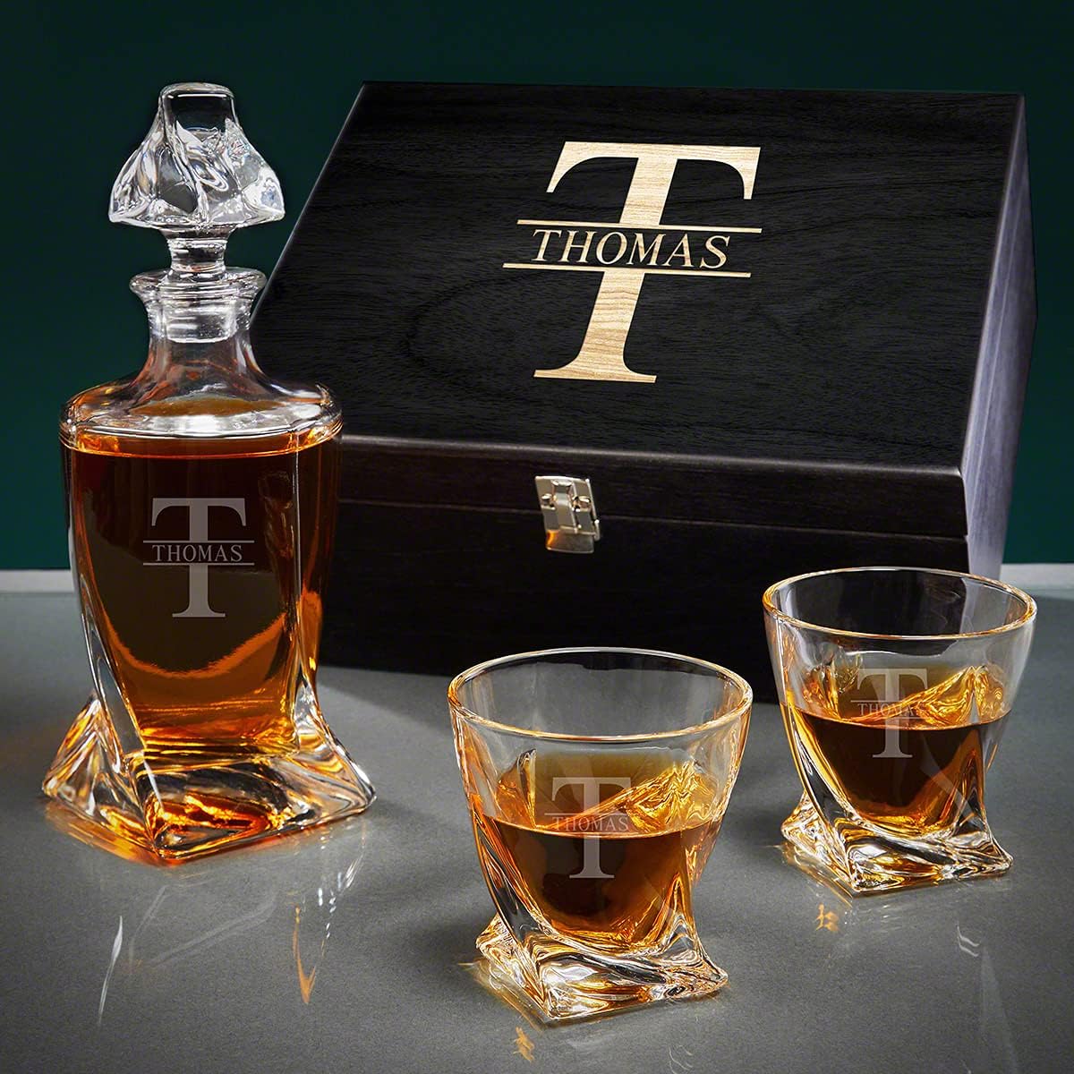 HomeWetBar Set de regalo de decantador de whisky de cristal torcido grabado (producto personalizado)