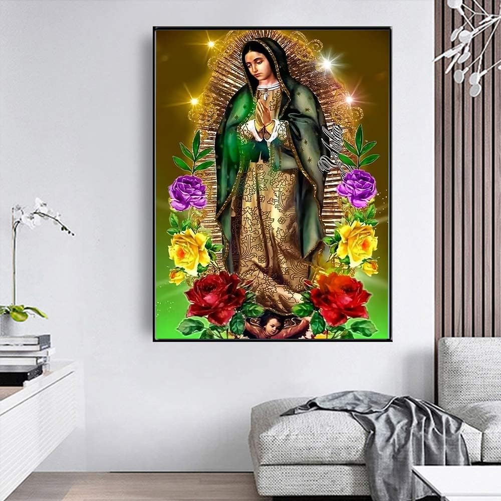 HONGJIE Kit de pintura de diamantes 5D, Virgen María, 16 x 20 pulgadas, redondo, con diamantes de imitación, bordado de diamantes de imitación,