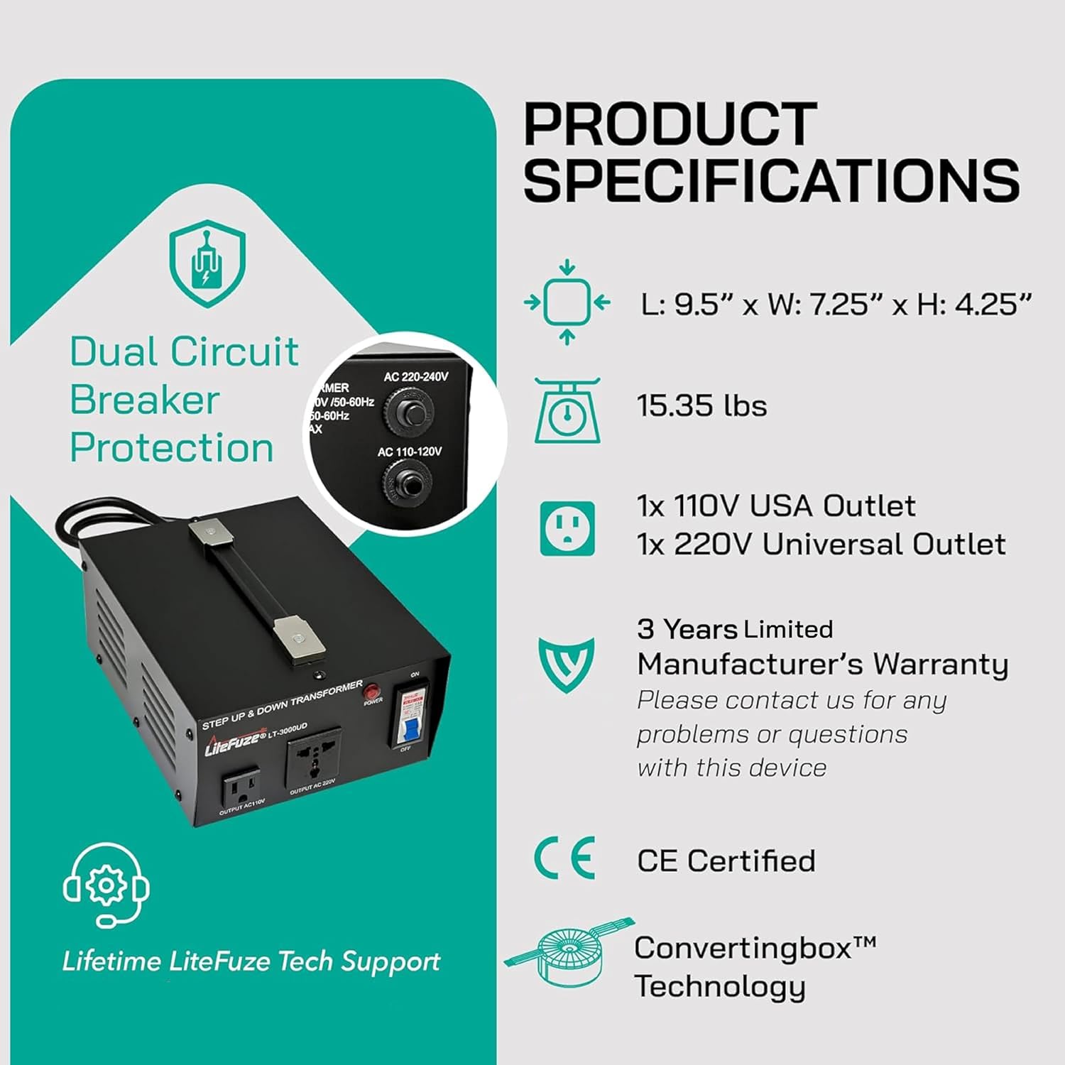 LiteFuze Transformador de voltaje de 3000 vatios elevador hacia arribaabajo – Convertidor de potencia de 110 V a 220 V220 V a 110 V – Cable