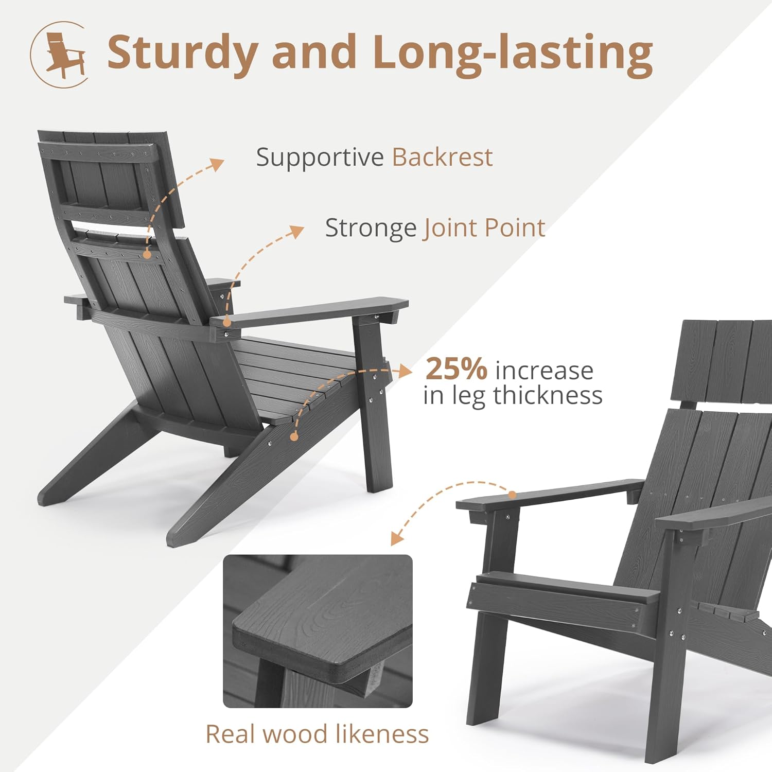 LUE BONA Juego de 2 sillas Adirondack modernas con reposacabezas, sillas Adirondack de plástico de respaldo alto, sillas para fogatas Adirondack