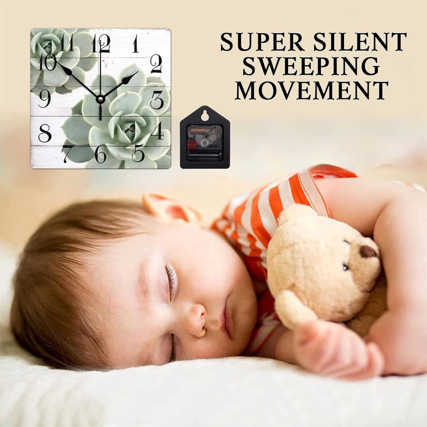 Reloj de pared cuadrado de madera con plantas suculentas, duradero, funciona con pilas, reloj de pared de madera antigua para dormitorio, cocina,