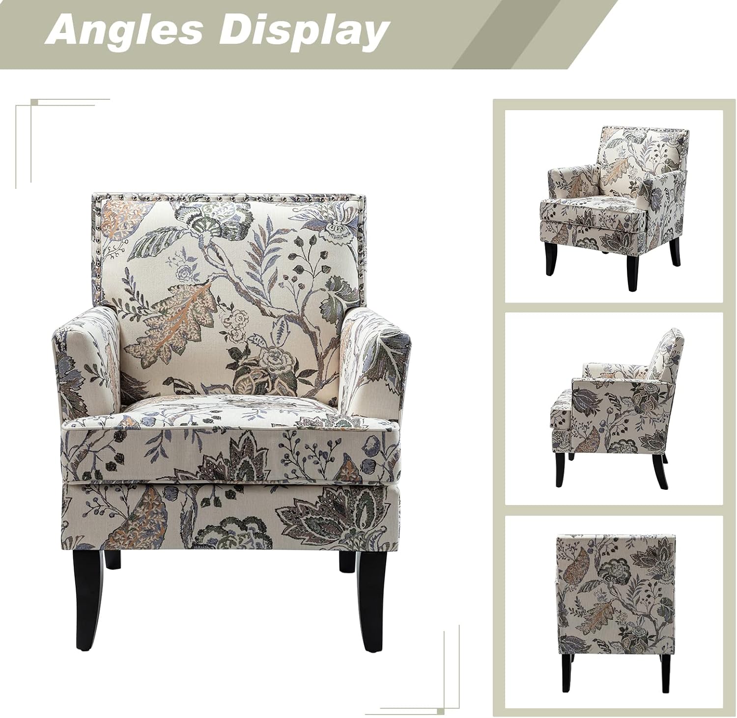 HULALA HOME Silla decorativa moderna con brazos y patas de madera, silla decorativa con estampado floral, respaldo alto, reposabrazos acolchado y
