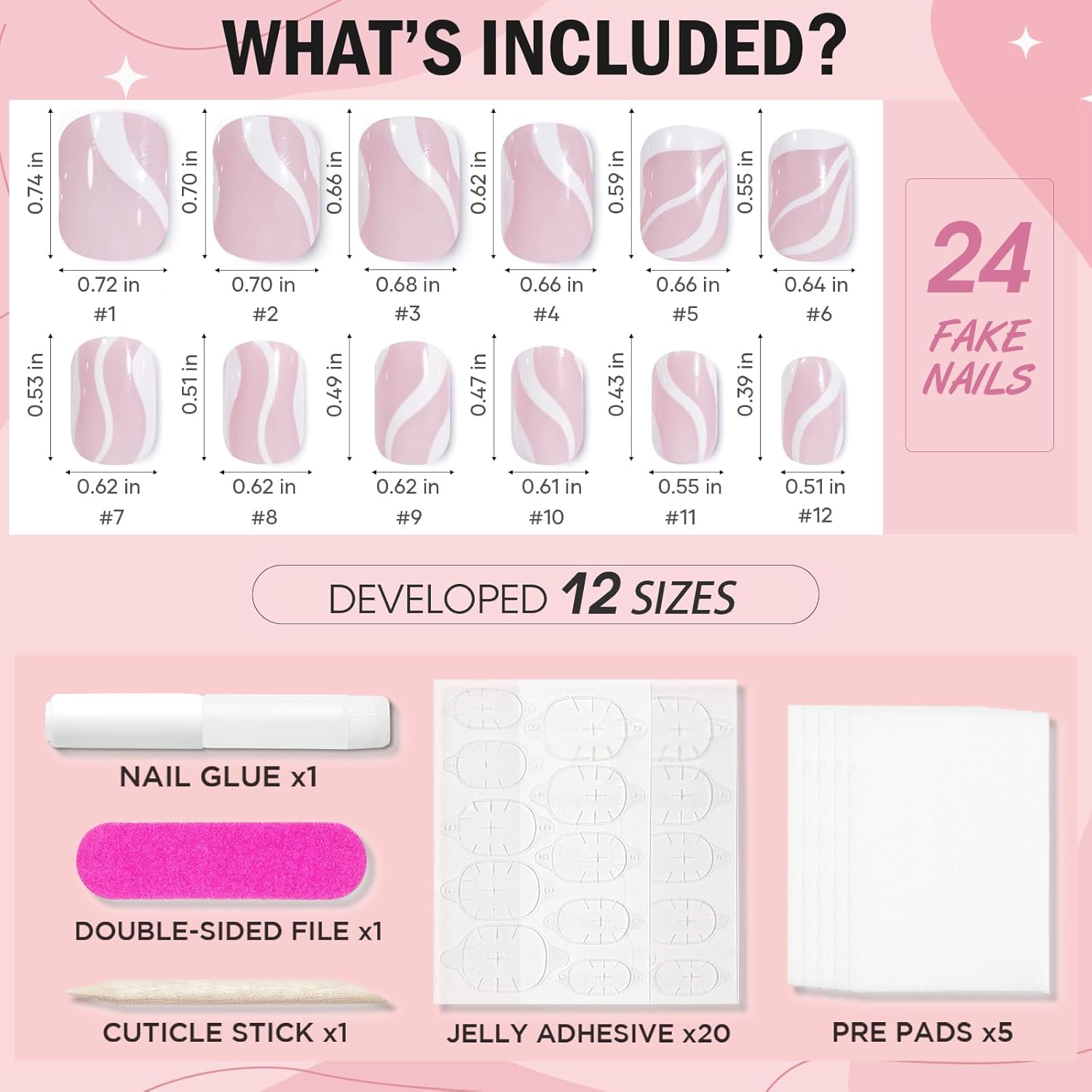 Uñas postizas cortas a presión de San Valentín, con diseños de remolinos rosados y blancos, uñas postizas acrílicas reutilizables con pegamento,