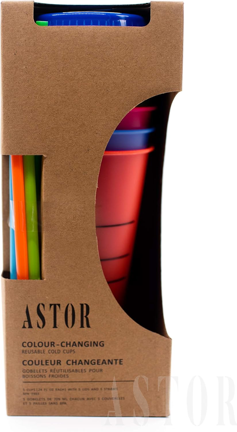 ASTOR – Vasos que cambian de color  Juego de 5 vasos reutilizables con tapas y pajitas  Vaso frío de 24 onzas  Vasos de café helado