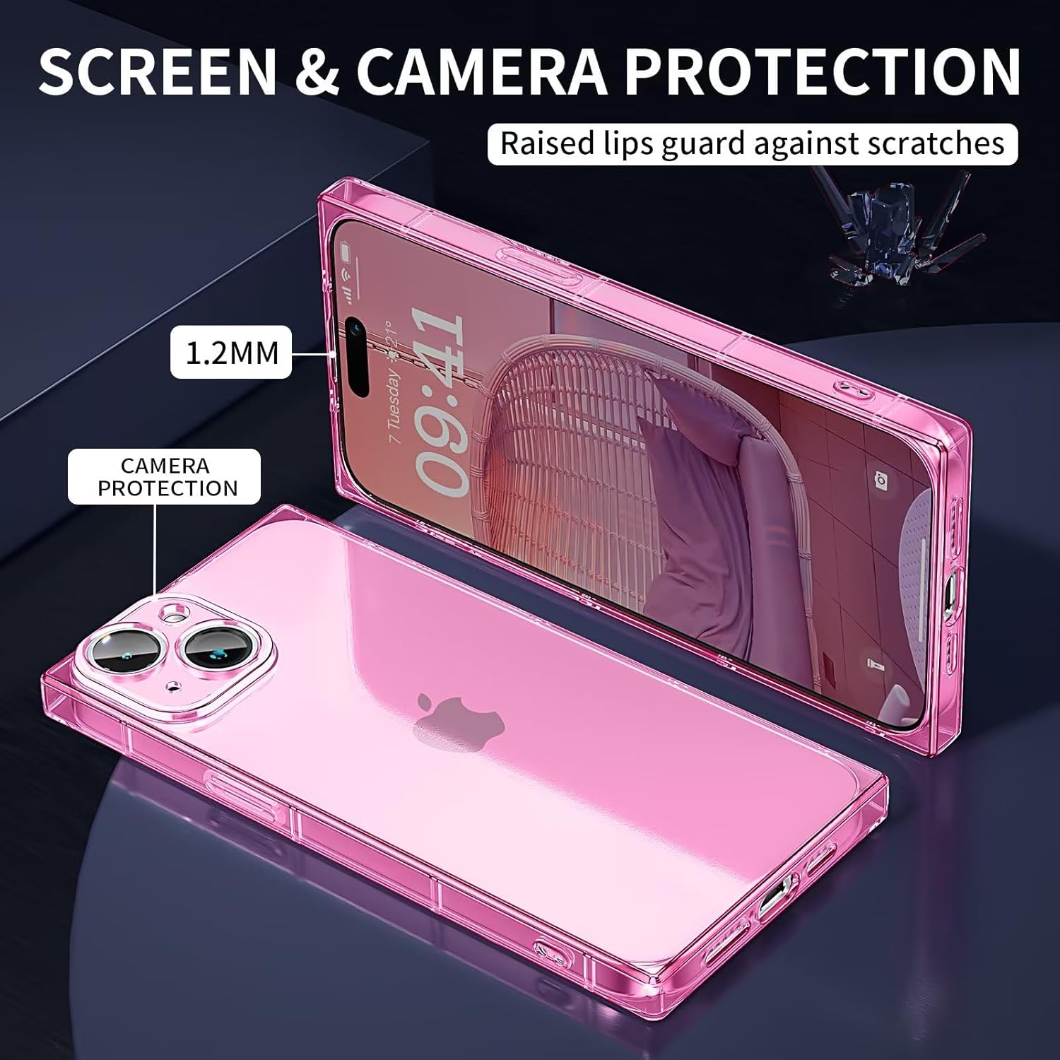 Tzomsze Compatible con funda cuadrada transparente para iPhone 15, protección completa de la cámara y cojín de TPU en las esquinas reforzadas, funda