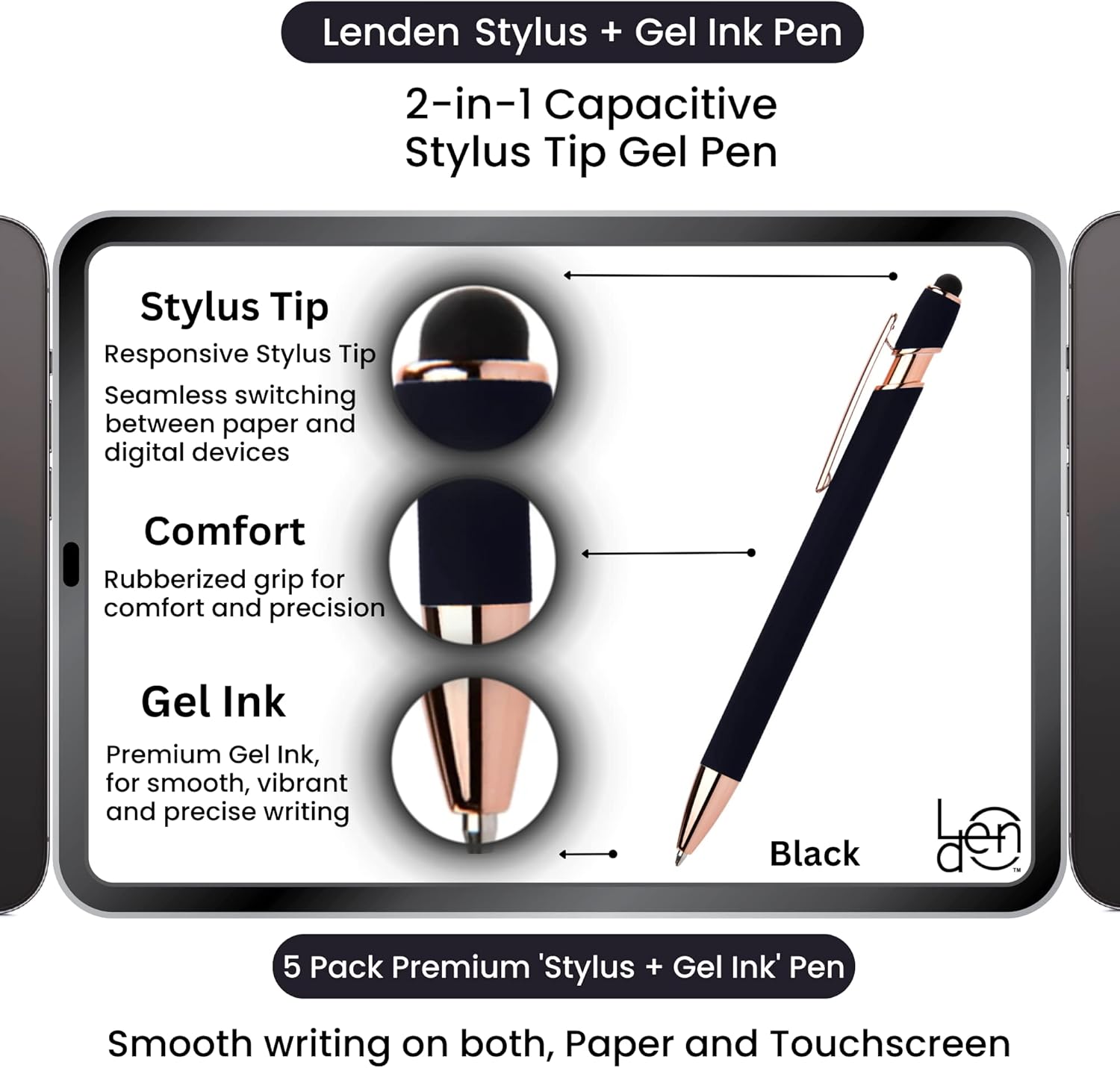 Lenden Paquete de 5 bolígrafos de tinta de gel 2 en 1 de goma Comfort Soft Touch, punta capacitiva, punta media de metal premium, tinta negra,
