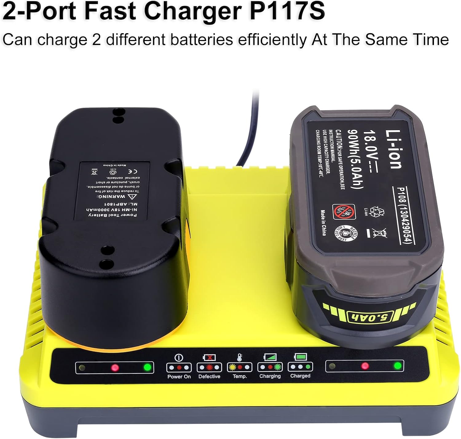 Cargador rápido P117 de 2 puertos para batería Ryobi 18V ONE+ Max Lithium P100 P102 P103 P105 P107 P108 P117 P118 12V-18V Li-Ion NiCd NiMh Batería