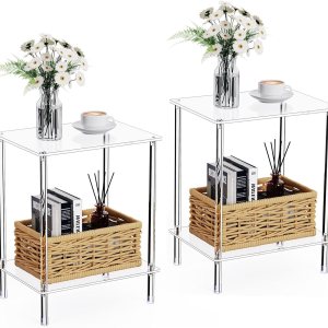 Bkemiy Clear Acrylic Side Table Set of 2, 2-Tier End Table for Living Room, Small Modern Bedside Tables Nightstand for Bedroom, Home Decor Accent Bkemiy Clear Acrylic Side Table Set of 2, 2-Tier End Table for Living Room, Small Modern Bedside Tables Nightstand for Bedroom, Home Decor Accent