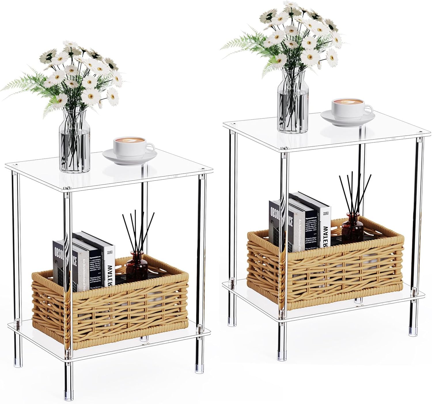 Bkemiy Clear Acrylic Side Table Set of 2, 2-Tier End Table for Living Room, Small Modern Bedside Tables Nightstand for Bedroom, Home Decor Accent