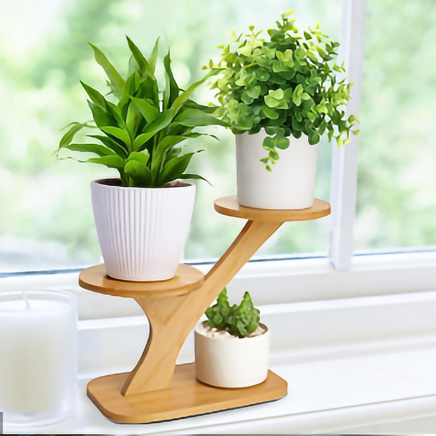 Soporte de bambú para plantas de interior, soporte para plantas de mesa pequeña, soporte de 3 niveles para alféizar de ventana suculentas, soporte