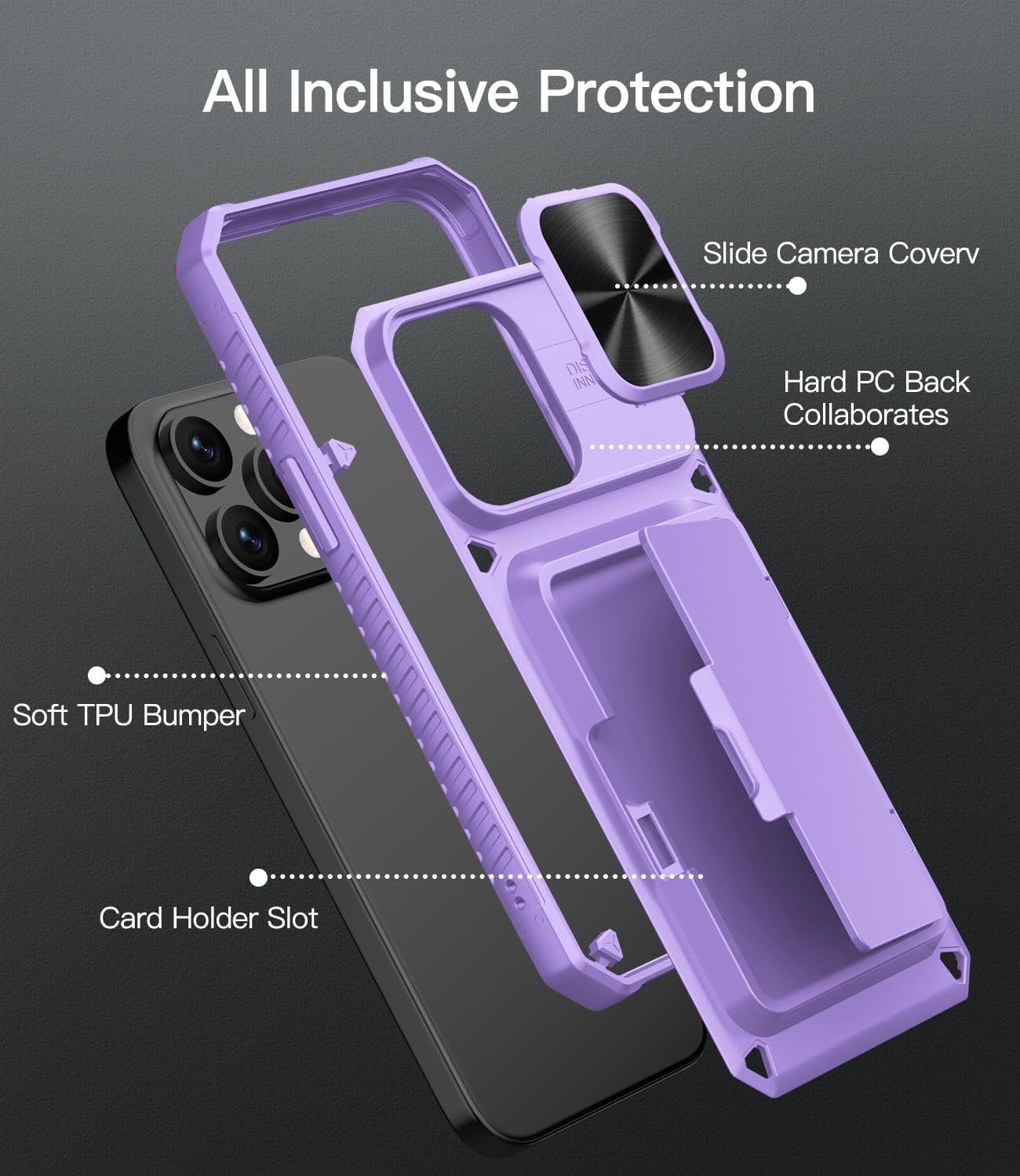 ATATOO Funda tipo cartera para iPhone 15 Pro Max con tarjetero y cubierta deslizante para cámara y soporte, resistente protección a prueba de