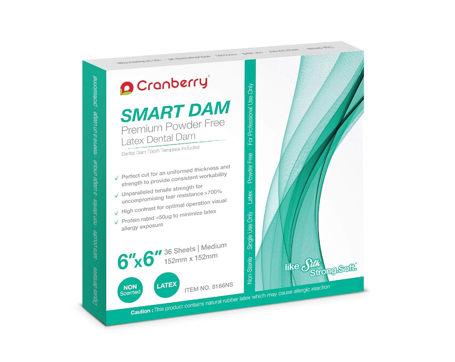 Cranberry USA CR8166NS Smart Dam, látex sin polvo, sin perfume, azul, tamaño de 6 x 6 pulgadas, paquete de 36