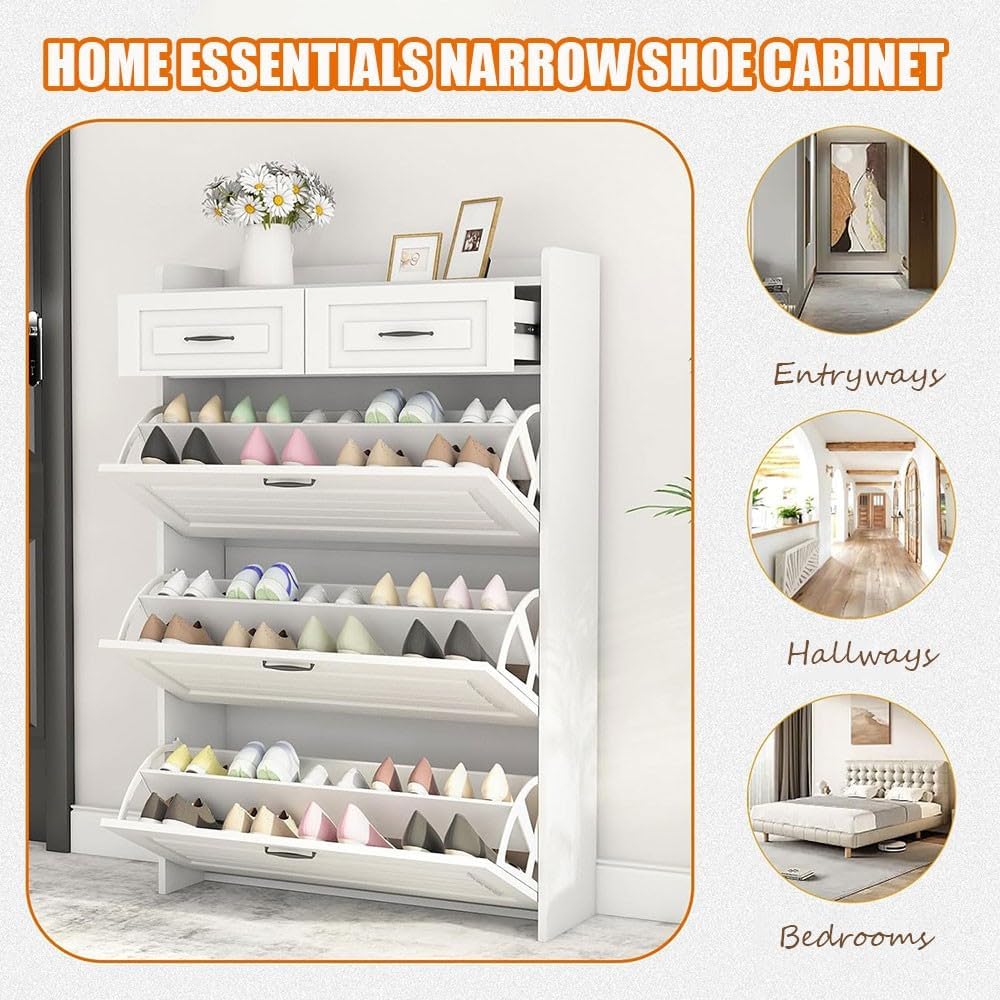 Zapatero con 3 puertas, 2 cajones para entrada, organizador de almacenamiento de zapatos estrecho blanco de 4 niveles, zapatero abatible de madera,