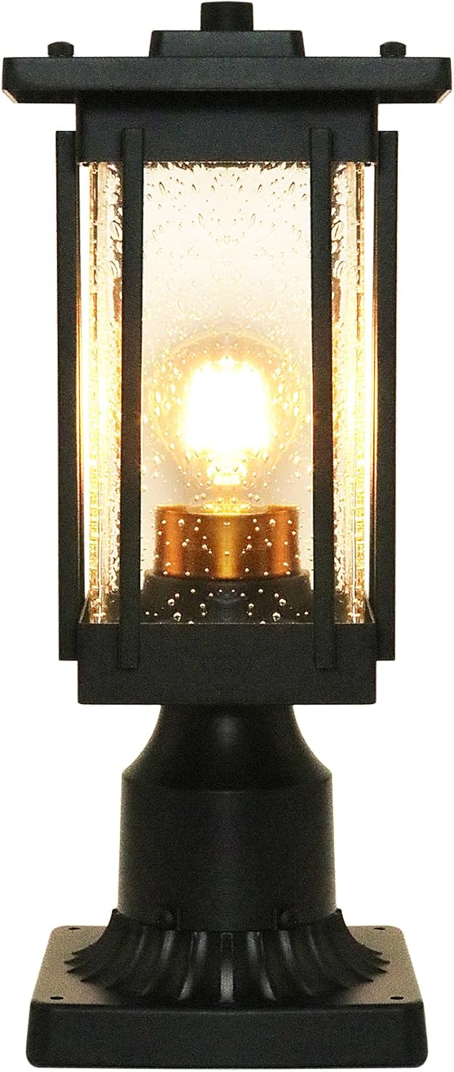 MONKFISH 2516-1G – Luz cuadrada negra para exteriores con base, pantalla de cristal de burbujas, ideal para terrazas, patios, jardines, pasillos