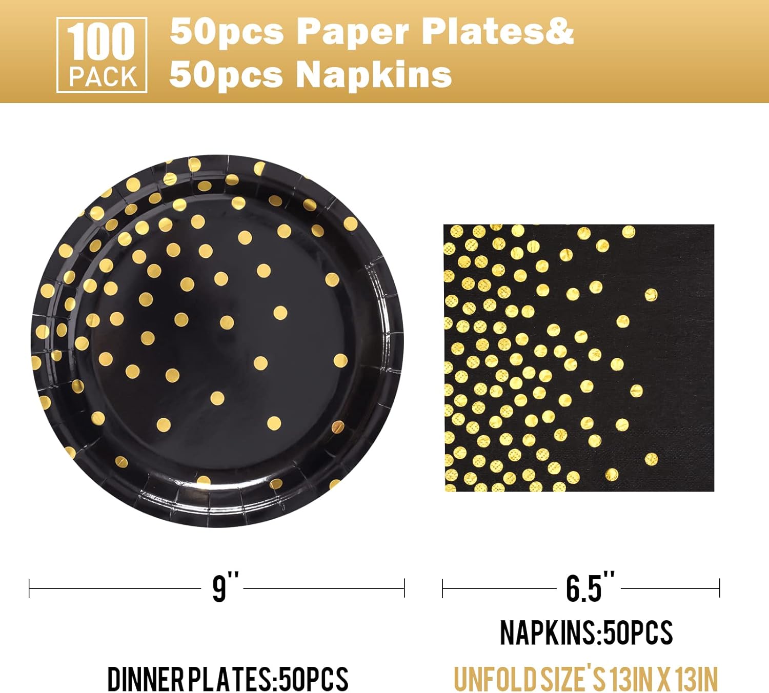 Disposable Paper Plates 100 Pack – Black and Gold Plates & Napkins, 50 x 9 & 50 x 6.5, Party Supplies for Graduation, Retirement, All Occasions